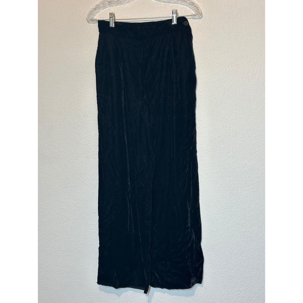 Vtg 8P Black Crushed Velvet Wide Leg Pants High Rise Side Zip Pockets Raw Hem